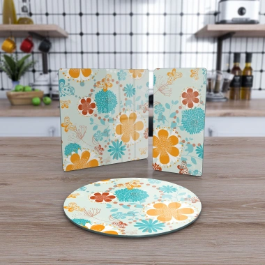 Decovetro Cam Sunum Servis Tabağı 3lü Karma Set Renkli Çiçekler