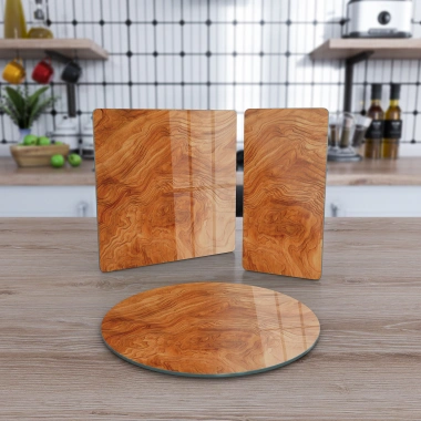 Decovetro Cam Sunum Servis Tabağı 3lü Karma Set Kiraz Ahşap Desenli