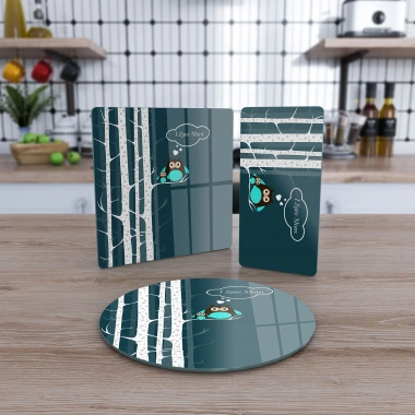 Decovetro Cam Sunum Servis Tabağı 3lü Karma Set Baykuş Desenli