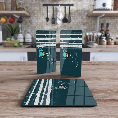 Decovetro Cam Sunum Servis Tabağı 3lü Kare Set Baykuş Desenli