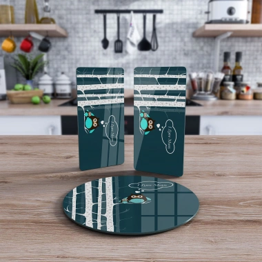 Decovetro Cam Sunum Servis Tabağı 3lü Yuvarlak Set Baykuş Desenli