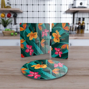 Decovetro Cam Sunum Servis Tabağı 3lü Karma Set Yeşil Çiçekli Desen