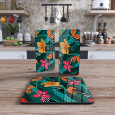 Decovetro Cam Sunum Servis Tabağı 3lü Kare Set Yeşil Çiçekli Desen