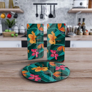 Decovetro Cam Sunum Servis Tabağı 3lü Yuvarlak Set Yeşil Çiçekli Desen