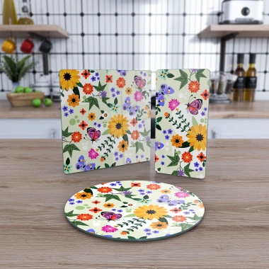 Decovetro Cam Sunum Servis Tabağı 3lü Karma Set Kır Çiçekleri Desenli