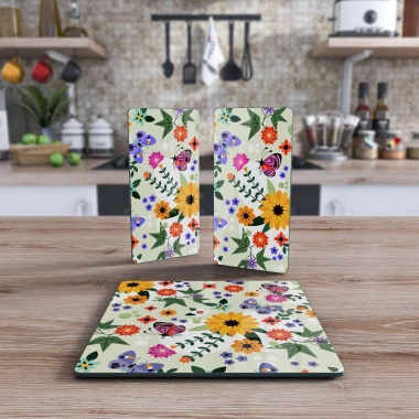 Decovetro Cam Sunum Servis Tabağı 3lü Kare Set Kır Çiçekleri Deseni