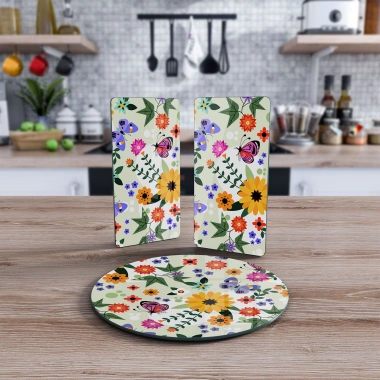 Decovetro Cam Sunum Servis Tabağı 3lü Yuvarlak Set Kır Çiçekleri Desenli