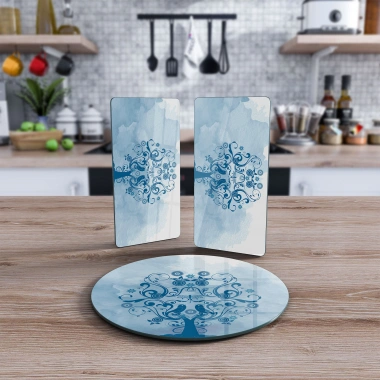 Decovetro Cam Sunum Servis Tabağı 3lü Yuvarlak Set Mavi Hayat Ağacı Desenli
