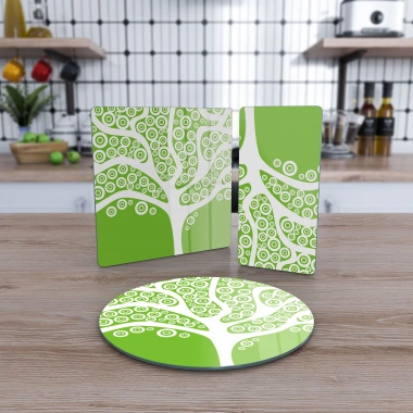 Decovetro Cam Sunum Servis Tabağı 3lü Karma Set Yeşil Ağaç Desenli