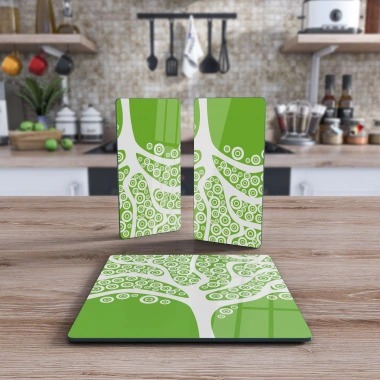 Decovetro Cam Sunum Servis Tabağı 3lü Kare Set Yeşil Ağaç Deseni