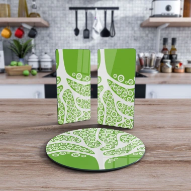 Decovetro Cam Sunum Servis Tabağı 3lü Yuvarlak Set Yeşil Ağaç Desenli