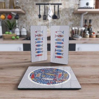 Decovetro Cam Sunum Servis Tabağı 3lü Kare Set Marine Sardini