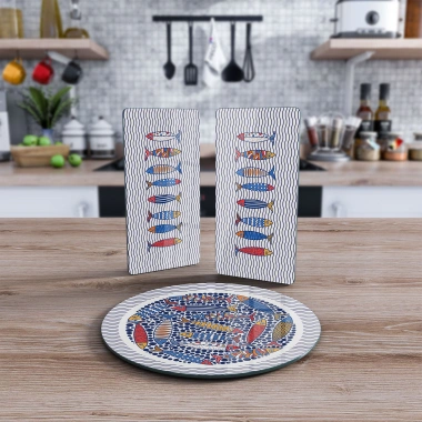 Decovetro Cam Sunum Servis Tabağı 3lü Yuvarlak Set Marine Sardini