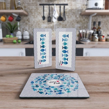 Decovetro Cam Sunum Servis Tabağı 3lü Kare Set Marine Cute Fish