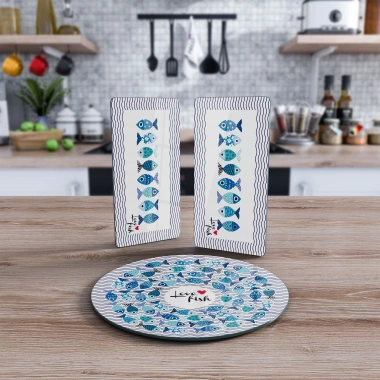 Decovetro Cam Sunum Servis Tabağı 3lü Yuvarlak Set Marine Cute Fish