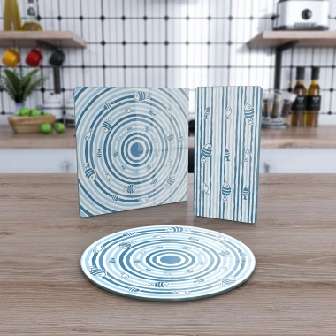 Decovetro Cam Sunum Servis Tabağı 3lü Karma Set Marine Blue Fish Line