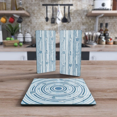 Decovetro Cam Sunum Servis Tabağı 3lü Kare Set Marine Blue Fish Line