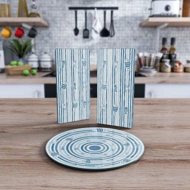 Decovetro Cam Sunum Servis Tabağı 3lü Yuvarlak Set Marine Blue Fish Line