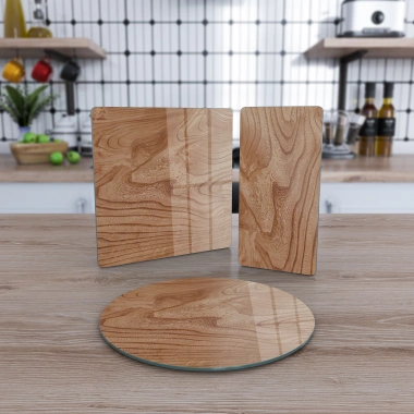 Decovetro Cam Sunum Servis Tabağı 3lü Karma Set Dalgalı Ahşap Desenli