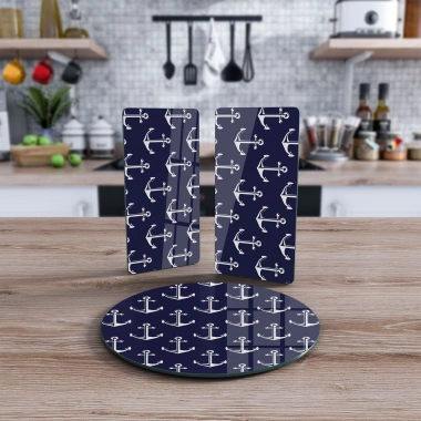 Decovetro Cam Sunum Servis Tabağı 3lü Yuvarlak Set Marine Anchor