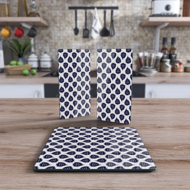 Decovetro Cam Sunum Servis Tabağı 3lü Kare Set Marine White Fish