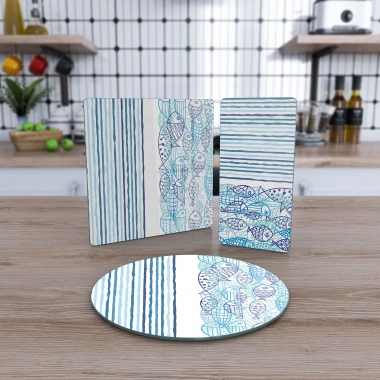 Decovetro Cam Sunum Servis Tabağı 3lü Karma Set Marine Fish Waves