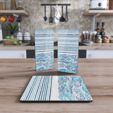 Decovetro Cam Sunum Servis Tabağı 3lü Kare Set Marine Fish Waves