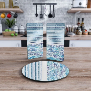 Decovetro Cam Sunum Servis Tabağı 3lü Yuvarlak Set Marine Fish Waves