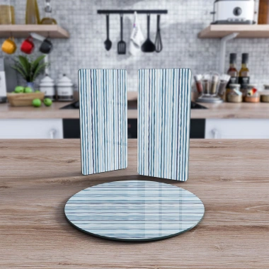 Decovetro Cam Sunum Servis Tabağı 3lü Yuvarlak Set Marine Wave Lines