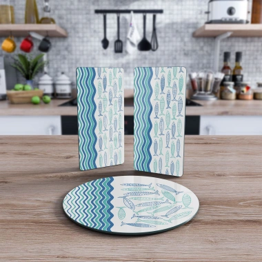 Decovetro Cam Sunum Servis Tabağı 3lü Yuvarlak Set Marine Sardini Waves