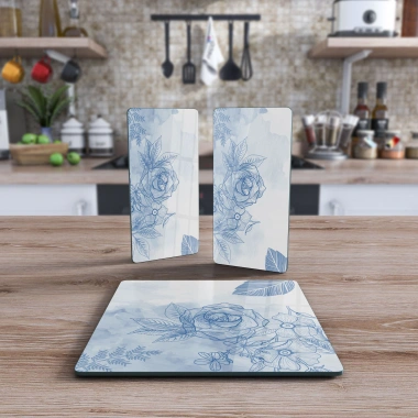 Decovetro Cam Sunum Servis Tabağı 3lü Kare Set Suluboya Gül Desenli