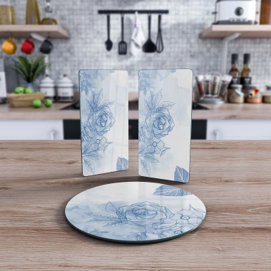 Decovetro Cam Sunum Servis Tabağı 3lü Yuvarlak Set Sulu Boya Gül Desenli