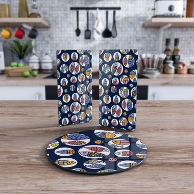 Decovetro Cam Sunum Servis Tabağı 3lü Yuvarlak Set Marine Fish Buble