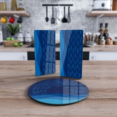 Decovetro Cam Sunum Servis Tabağı 3lü Yuvarlak Set Marine Blue Waves