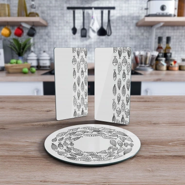 Decovetro Cam Sunum Servis Tabağı 3lü Yuvarlak Set Marine Black Fish