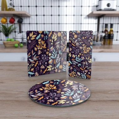 Decovetro Cam Sunum Servis Tabağı 3lü Karma Set Mor Çiçek Desenli