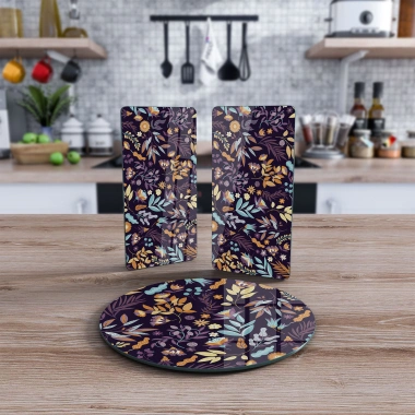 Decovetro Cam Sunum Servis Tabağı 3lü Yuvarlak Set Mor Çiçek Desenli