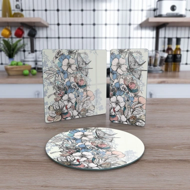 Decovetro Cam Sunum Servis Tabağı 3lü Karma Set Vintage Karışık Çiçek Deseni