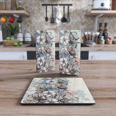 Decovetro Cam Sunum Servis Tabağı 3lü Kare Set Vintage Karışık Çiçek Desenli