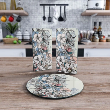 Decovetro Cam Sunum Servis Tabağı 3lü Yuvarlak Set Vintage Karışık Çiçek Deseni