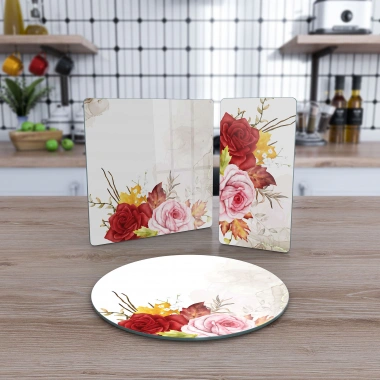 Decovetro Cam Sunum Servis Tabağı 3lü Karma Set Renkli Gül Desenli