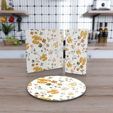 Decovetro Cam Sunum Servis Tabağı 3lü Karma Set Sarı Çiçek Desenli