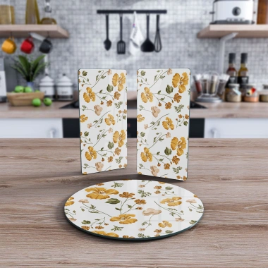 Decovetro Cam Sunum Servis Tabağı 3lü Yuvarlak Set Sarı Çiçek Desenli