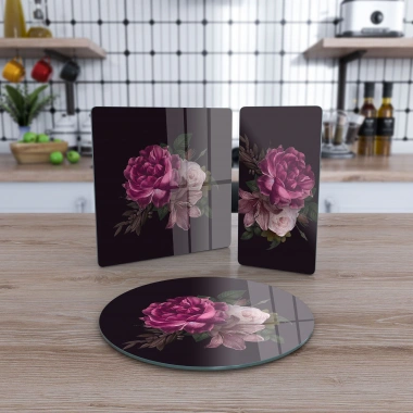 Decovetro Cam Sunum Servis Tabağı 3lü Karma Set Pembe Gül Desenli