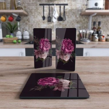 Decovetro Cam Sunum Servis Tabağı 3lü Kare Set Pembe Gül Deseni