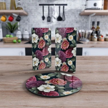 Decovetro Cam Sunum Servis Tabağı 3lü Yuvarlak Set Vintage Güller