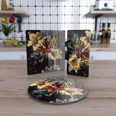 Decovetro Cam Sunum Servis Tabağı 3lü Karma Set Siyah Sarı Çiçek Desenli