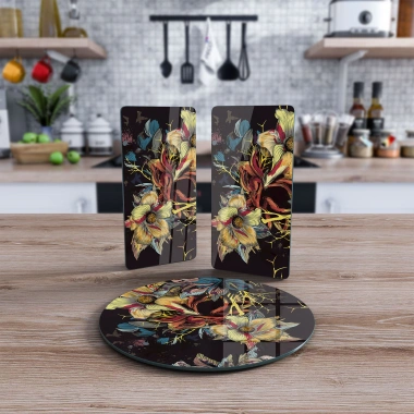 Decovetro Cam Sunum Servis Tabağı 3lü Yuvarlak Set Siyah Sarı Çiçek Desenli