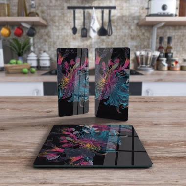 Decovetro Cam Sunum Servis Tabağı 3lü Kare Set Neon Çiçek Desenli