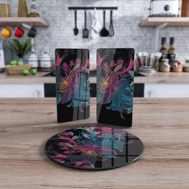 Decovetro Cam Sunum Servis Tabağı 3lü Yuvarlak Set Siyah Neon Çiçek Desenli